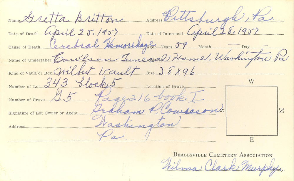 Gretta Britton burial card